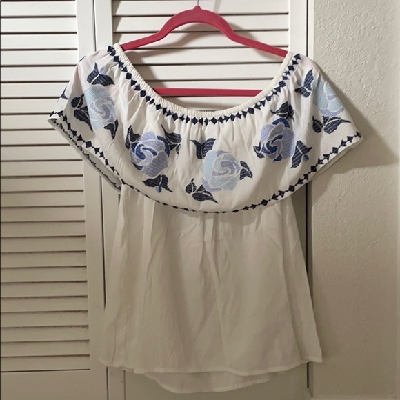 Blue Rain Tops - Off the shoulder floral blouse